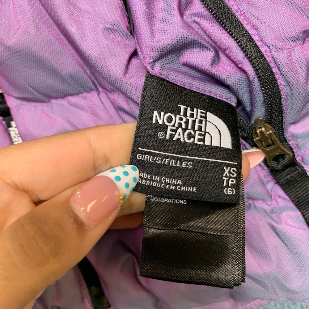The North Face Puffer Jacket Girls XS Purple Hooded Long Sleeve Winter Full Zip - Picture 7 of 12
